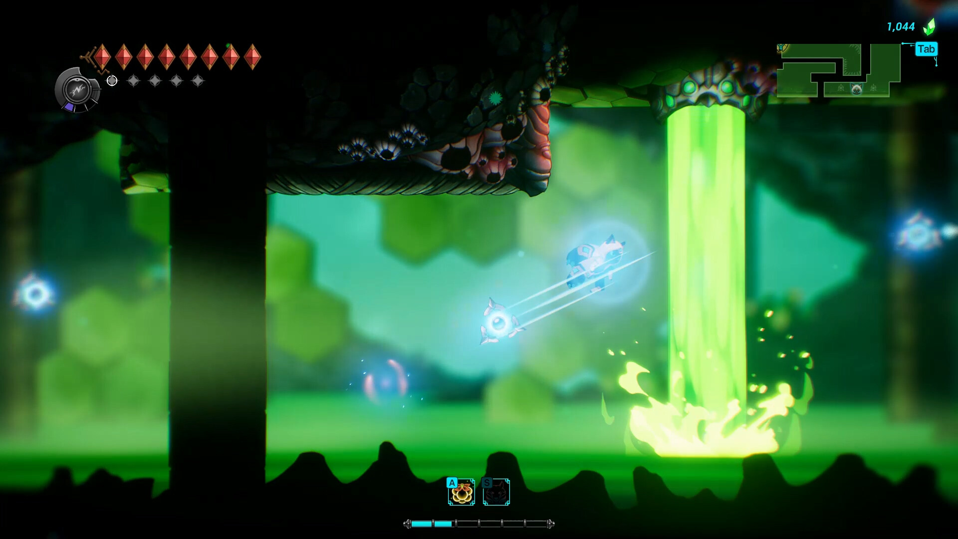 Kisha dashes over toxic green liquid in a Fatal Claw cavern